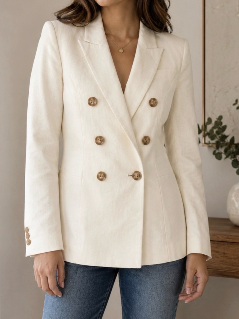 LOFT Women's Linen-Blend Double Breasted Blazer - Cream
